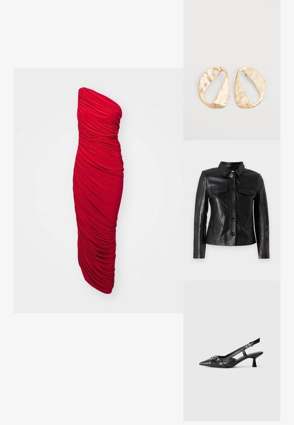 Fekete bőrkabát, gallérral, elülső gombos záródással, két mellyzsebbel és oldalsó zsebekkel. Simább textúrájú, testhezálló fazon.; Piros, pánt nélküli, testhez álló ruha, amely ráncolt anyaggal rendelkezik a redőkért, hosszú hosszal és karcsú siluettel.; Fekete bőr slingback cipő hegyes orral, dekoratív pántokkal, fém szemekkel és alacsony blokk sarkú. Texturált felület.; Egy pár szabálytalan, ovális formájú, aranyszínű fém fülbevaló, enyhén kalapált felülettel, fehér háttéren.