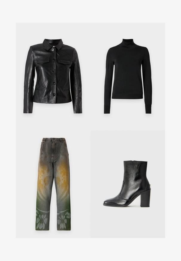 Veste en cuir noir avec un col, fermeture par boutons sur le devant, deux poches poitrine et des poches latérales. Texture lisse avec une silhouette ajustée.; Pull à col roulé noir à manches longues avec des poignets et un ourlet côtelés, présenté sur un fond blanc uni.; Jean taille haute en denim délavé avec un motif dégradé mêlant des teintes de jaune, vert et bleu ; design floral près de l'ourlet.; Bottine en cuir noir, avec une texture lisse, un bout pointu et un talon chunky haut. Présente une ouverture sur le côté et un design minimaliste.
