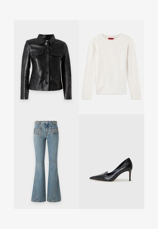 Mustat nahkatakki, jossa on kaulus, napitussuljenta edessä, kaksi rintataskua ja sivutaskut. Sileä pinta ja istuva siluetti.; Kermanvärinen pitkähihainen neulepaita, jossa on pyöreä kaula-aukko ja ribbineuleiset hihansuut ja helma, asetettuna tasaiselle valkoiselle taustalle.; Vaaleansiniset lantiohousut, jotka on valmistettu denimsidetystekstiilistä, jossa on kudottu vyötärönauha ja tikkipocket-yksityiskohtia. Ominaisuuksiin kuuluu istuva vyötärö ja leveät lahkeet.; Musta nahkainen korkokenkä, jossa on terävä kärki, matala leikkaus ja koristeellinen kultainen yksityiskohta. Varustettu stilettokannalla ja sileällä pinnalla.