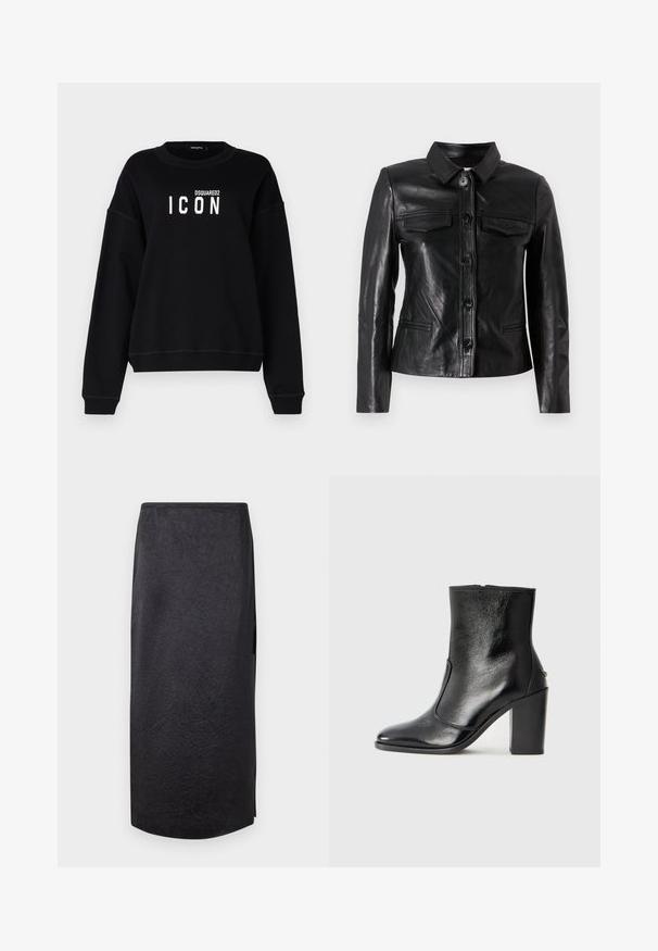 Mustmust nahkajope, millel on krae, esine nupuvääramine, kaks rinna taskut ja küljetaskud. Sile tekstuur ja vormistatud siluett.; Mustmust, mille ümmargune kaelus, millel on valge "ICON" graafika ja "DSQUARED2" logo. Pehme kanga, mugav lõige, ribiga käised.; Mustra musta midi seelik, millel on kortsuline tekstuur, sirge lõige ja külgniit. Materjal tundub kerge. Serv on veidi ümar.; Must kõvale nahast pahklipsu saapad, millel on sile tekstuur, terav varvas ja paks kõrge kann. Omab külgavatust ja minimalistlikku disaini.