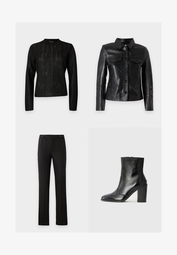 Fekete bőrkabát, gallérral, elülső gombos záródással, két mellyzsebbel és oldalsó zsebekkel. Simább textúrájú, testhezálló fazon.; Fekete, hosszú ujjú póló, texturált csíkos mintával. Kerek nyakkivágással és egyenes szabással, könnyű, enyhén átlátszó anyagból készült.; Fekete, szabott nadrág egyenes lábbal, két elülső zsebbel, gombos záródással és plisszé részletezéssel elöl. Simább anyagú textúra.; Fekete bőr bokacipő sima textúrával, hegyes orral és vastag, magas sarkával. Oldalnyílással és minimalista dizájnnal rendelkezik.