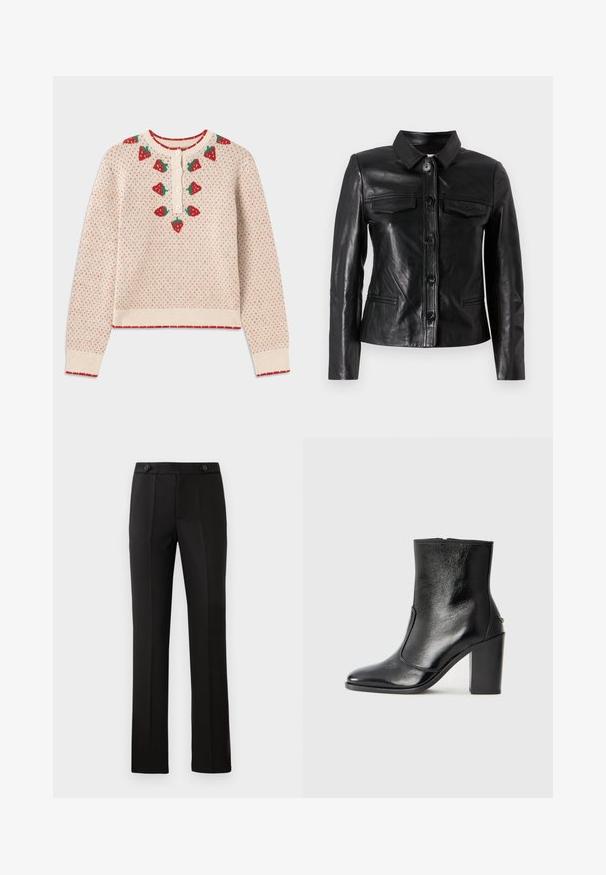 Mustmust nahkajope, millel on krae, esine nupuvääramine, kaks rinna taskut ja küljetaskud. Sile tekstuur ja vormistatud siluett.; Kreemigreen neonroosa mustriosad varrukad jaäär, nupuga kinnitamine kaelal, tekstuuriga kudumidisain.; Mustad kohandatud püksid sirge säärega, kahe esipocketiga, nup closure'iga ja volditud detailidega ees. Sile kangatekstuur.; Must kõvale nahast pahklipsu saapad, millel on sile tekstuur, terav varvas ja paks kõrge kann. Omab külgavatust ja minimalistlikku disaini.