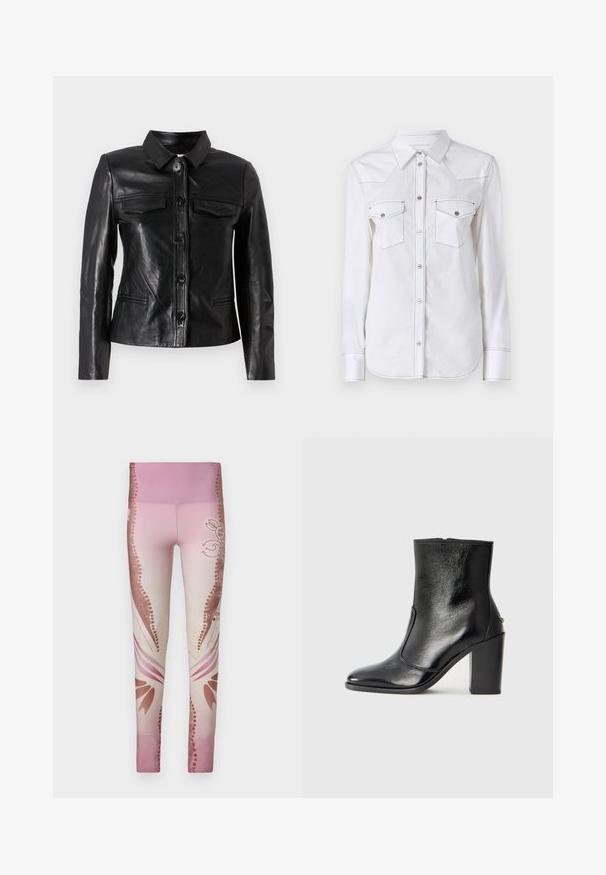 Jaqueta de couro preto com colarinho, fecho frontal com botões, dois bolsos no peito e bolsos laterais. Textura suave com silhueta ajustada.; Camisa branca de manga longa com colarinho pontiagudo, dois bolsos no peito, costura em contraste e barra arredondada. Apresenta botões de metal.; Leggings cor-de-rosa com um design em gradiente do claro para o escuro, com padrões florais e acabamentos decorativos nas laterais. Textura suave.; Bota ankle preta em pele com uma textura suave, bico fino e um salto alto robusto. Apresenta uma abertura lateral e um design minimalista.