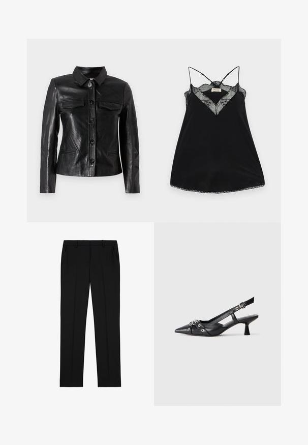 Zwarte leren jas met een kraag, sluiting met knopen aan de voorkant, twee borstzakken en zijzakken. Glad textuur met een getailleerde silhouet.; Zwarte camisole met verstelbare bandjes, met een kanten V-hals en golvende randen. Gladde stof met een lichte glans.; Zwarte op maat gemaakte broeken met een gladde textuur, met een platte voorkant, twee zijzakken en een klassieke rechte pijp design.; Zwarte leren slingback schoen met een puntige neus, decoratieve banden met metalen oogjes en een lage blokhak. Textuur oppervlak.