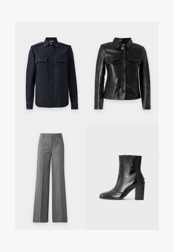 Schwarze Lederjacke mit Kragen, vorderer Knopfverschluss, zwei Brusttaschen und Seitentaschen. Glatte Textur mit taillierter Silhouette.; Marineblaues Hemd mit langen Ärmeln, Knopfverschluss und zwei Fronttaschen. Verziert mit silbernen Nieten an den Taschen und Bündchen, aus einem glatten Stoff gefertigt.; Graue, weit geschnittene Hosen aus einem strukturierten Stoff. Sie verfügen über Frontfalten, eine taillierte Passform und ein poliertes Finish, ideal für formelle Anlässe.; Schwarze Leder-Stiefelette mit glatter Textur, spitzem Fuß und klobigem hohen Absatz. Verfügt über eine seitliche Öffnung und ein minimalistisches Design.