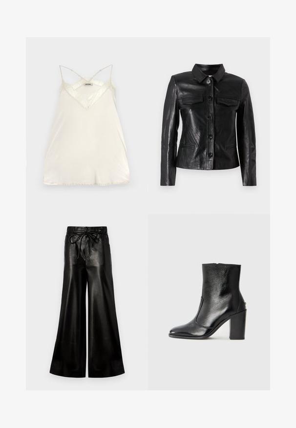 Juodas odinis švarkas su apykakle, priekyje užsegamas mygtuku, dviem krūtinės kišenėmis ir šoninėmis kišenėmis. Lygus paviršius, prigludusi siluetas.; Šviesiai kreminė kamizola su reguliuojamomis špagetinėmis petnešomis, V formos iškirpte ir nėrinių akcentais iškirptėje bei apatinėje dalyje, kad pridėtų išsamesnį vaizdą.; Juodos odinės plačios kelnės su raišteliu juosmens. Lygi tekstūra, aukšta talija, laisvas įsitaisymas, su šoninėmis kišenėmis ir mygtuko uždarymu.; Juodas odinis kulkšninis batas su lygiu paviršiumi, smailiu pirštu ir masyviu aukštu kulnu. Savybė - šoninis atidarymas ir minimalistiškas dizainas.