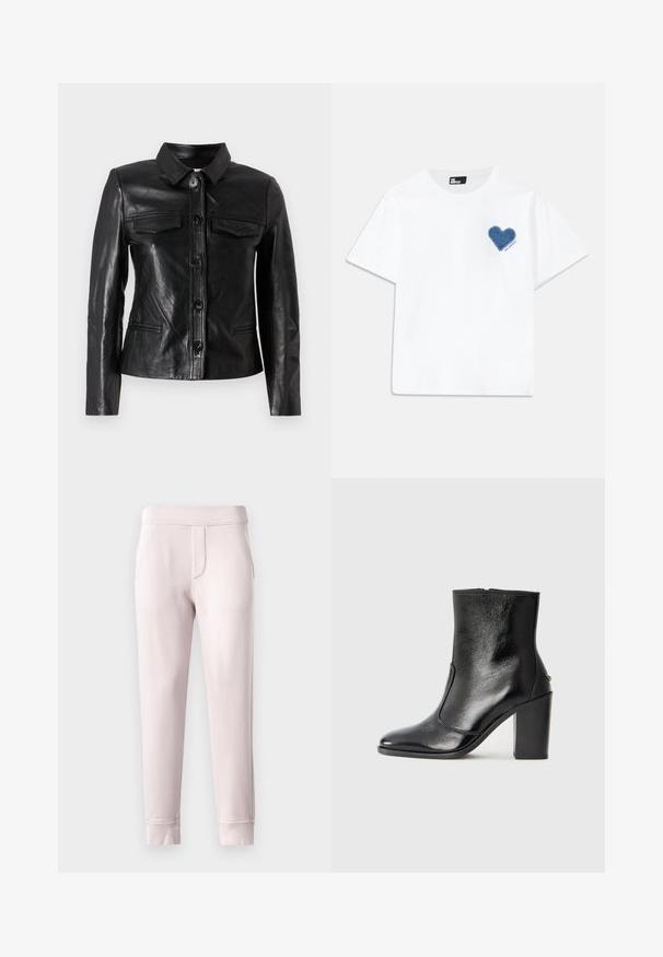 Schwarze Lederjacke mit Kragen, vorderer Knopfverschluss, zwei Brusttaschen und Seitentaschen. Glatte Textur mit taillierter Silhouette.; Weißes Baumwoll-T-Shirt mit kurzen Ärmeln und rundem Halsausschnitt. Auf der linken Brust befindet sich ein Herzpatch aus blauem Denim mit Text darunter.; Helle rosa Sweatpants aus weichem Material, mit einem elastischen Bund, seitlichen Taschen und gerippten Bündchen am Knöchel.; Schwarze Leder-Stiefelette mit glatter Textur, spitzem Fuß und klobigem hohen Absatz. Verfügt über eine seitliche Öffnung und ein minimalistisches Design.