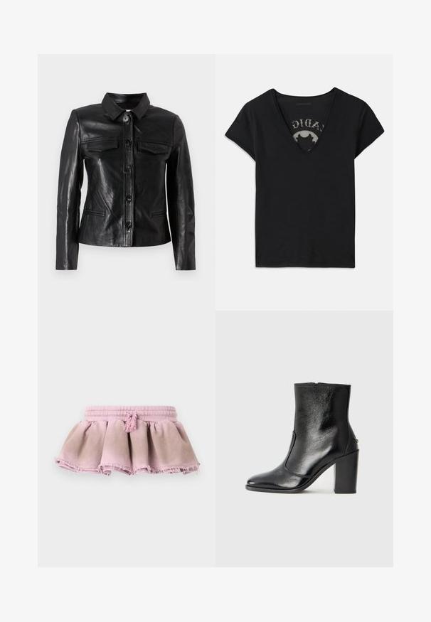 Čierna kožená bunda s golierom, predným zapínaním na gombíky, dvoma náprsními vreckami a bočnými vreckami. Hladká textúra s priliehavým strihom.; Čierne tričko s krátkym rukávom a hlbokým V-výstrihom, so sieťovanou panelou a potlačou na vnútornej vrstve. Mäkko a priedušne materiál.; Ružová bavlnená sukňa s nariaseným dizajnom, s rozstrapkaným lemom a elastickým pásom s dekoratívnou strapcovou ozdobou.; Čierna kožená kotníková obuv s hladkým povrchom, špicatou špičkou a masívnym vysokým podpätkom. Zdobená bočným otvorom a minimalistickým dizajnom.