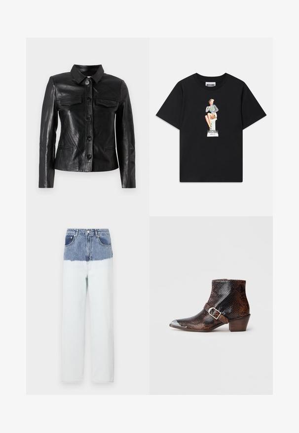 Čierna kožená bunda s golierom, predným zapínaním na gombíky, dvoma náprsními vreckami a bočnými vreckami. Hladká textúra s priliehavým strihom.; Čierne bavlnené tričko s potlačou, na ktorej je žena v pruhovanom topu, sediaca na podstavci s textom "Moschino Jeans" pod ňou.; Džínsy s modrou hornou časťou, ktorá prechádza do svetlejšej modrej dolnej časti. Obsahujú päť vreciek, zapínanie na gombík a rovný strih nohavíc.; Čierne a hnedé čižmy po členky s hadím vzorom, so striebornou špičkou, prackou a nízkym dreveným opätkom. Hladká textura, priliehavý dizajn.