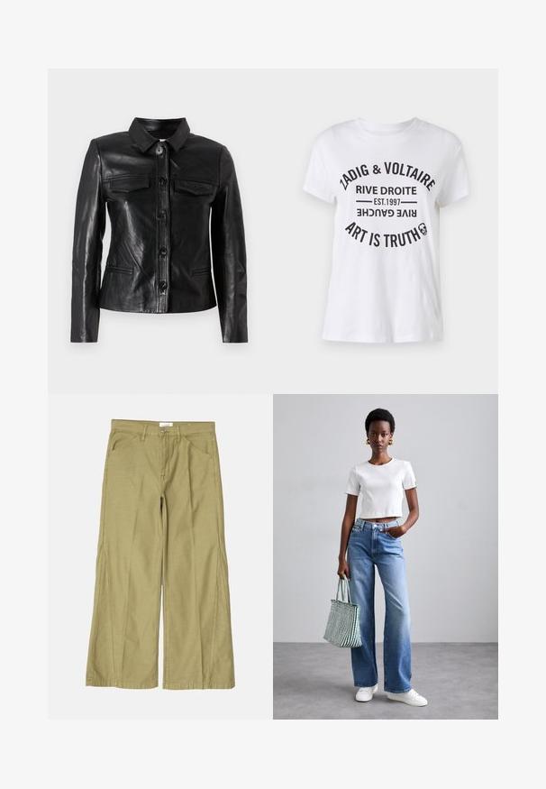 Crna kožna jakna s ovratnikom, prednjim zatvaranjem na dugme, dva džepa na prsima i bočnim džepovima. Glatka tekstura s prilagođenim siluetom.; Bijela pamučna majica s odvažnim crnim tekstom koji sadrži naziv branda, lokaciju, godinu osnivanja i slogan u kružnom rasporedu. Okrugli izrez.; Hlače širokog kroja od svijetlo maslinasto zelene pamuka, s patentnim zatvaračem, prednjim džepovima i prošivenim detaljima uz šavove.; Bijela rebrasta kratka majica, svijetloplave široke traperice i bijele tenisice. Drži torbu od džearnog platna u zelenoj i bijeloj prugastoj boji.