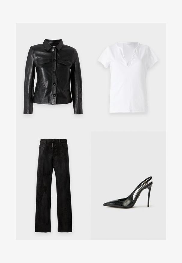 Mustat nahkatakki, jossa on kaulus, napitussuljenta edessä, kaksi rintataskua ja sivutaskut. Sileä pinta ja istuva siluetti.; Valkoinen puuvillapaita lyhyillä hihoilla, rento malli ja V-pääntie, jossa on viisi koristeellista nappia.; Mustat farkut suoranlahkeisella leikkauksella, joissa on hienovarainen eläinkuosimalli, viisi taskua ja nappikiinnitys.; Musta slingback-korkokenkä, jossa on terävä kärki, teksturoitu käärmeennahkakuosi, stilettokorko ja koristeellinen solki hihnassa.