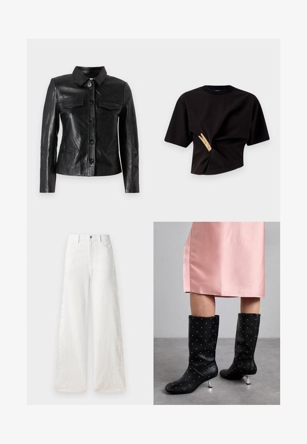 Mustmust nahkajope, millel on krae, esine nupuvääramine, kaks rinna taskut ja küljetaskud. Sile tekstuur ja vormistatud siluett.; Mustmeline lühikeste varrukatega cropped t-särk, millel on pööratud disain ja dekoratiivne kollane riideklamber esiküljel.; Valged laiad teksad, mis on valmistatud denimist ja millel on külgedel brodüüri mustrid ning traditsiooniline viie tasku disain. Kinnitus lukuga ja nööpidega.; Mustad põlve kõrgused saapad, mis on valmistatud siledast materjalist, koos diskreetse narmastega mustriga ja hõbedase tooni kontsaga. Ühendatud roosa satiinkleitiga.