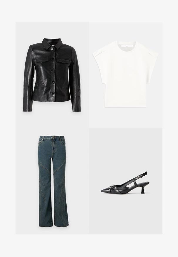 Chaqueta de cuero negra con cuello, cierre frontal de botones, dos bolsillos en el pecho y bolsillos laterales. Textura suave con un corte ajustado.; Camiseta blanca de corte cuadrado con mangas cortas. Fabricada con un tejido suave, presenta un escote redondo y sutiles acentos en los hombros. Diseño sencillo.; Vaqueros de mezclilla azules con un diseño de pierna ancha, que presentan detalles de costura curva y un estilo estándar de cinco bolsillos. Dobladillo sin terminar en la parte inferior.; Zapato de slingback negro de piel con punta afilada, correas decorativas con ojales de metal y un tacón bajo y ancho. Superficie texturizada.