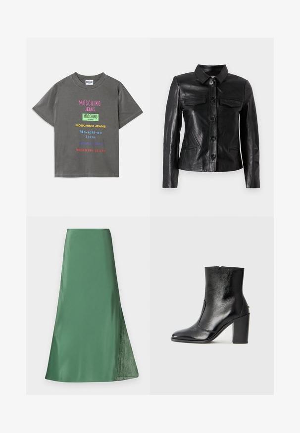 Μαύρο δερμάτινο μπουφάν με γιακά, μπροστινή κλείσιμο με κουμπιά, δύο τσέπες στο στήθος και πλαινές τσέπες. Λείος υφή με εφαρμογή.; Γκρι βαμβακερό t-shirt με διάφορες έντονα χρωματιστές επιγραφές "MOSCHINO JEANS" σε διαφορετικές γραμματοσειρές, με χαλαρή εφαρμογή και στρογγυλή λαιμόκοψη.; Πράσινη σατέν φούστα με ρέουσα σιλουέτα A-line, με διαφανή δαντελένια λεπτομέρεια στη μία πλευρά για πρόσθετη υφή και αντίθεση.; Μαύρο δερμάτινο μποτάκι έως τον αστράγαλο με απλή υφή, μυτερή μύτη και χοντρό ψηλό τακούνι. Διαθέτει πλαϊνό άνοιγμα και μινιμαλιστικό σχέδιο.