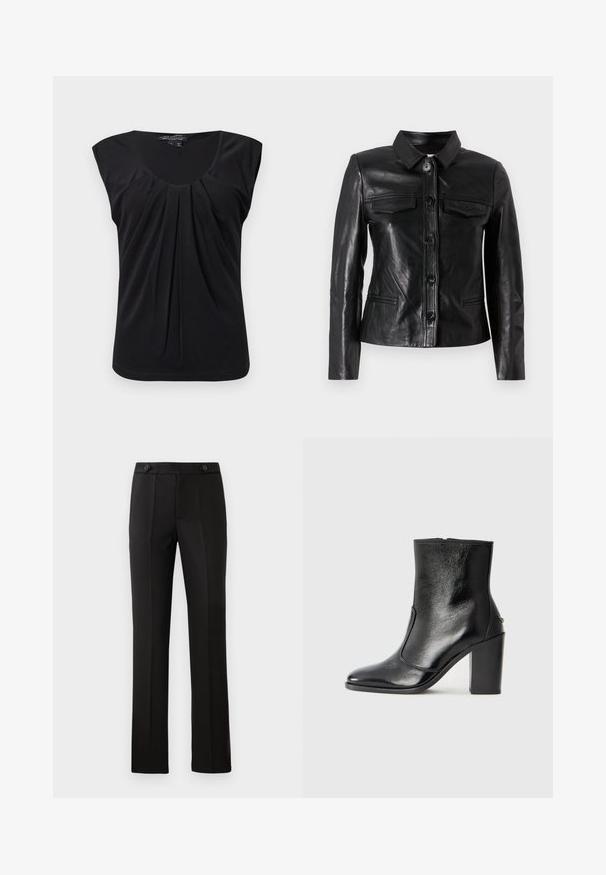 Fekete bőrkabát, gallérral, elülső gombos záródással, két mellyzsebbel és oldalsó zsebekkel. Simább textúrájú, testhezálló fazon.; Fekete, ujjatlan felső, lekerekített nyakkivágással és elülső redőkkel. Simma anyagból készült, laza szabással és lekerekített aljjal.; Fekete, szabott nadrág egyenes lábbal, két elülső zsebbel, gombos záródással és plisszé részletezéssel elöl. Simább anyagú textúra.; Fekete bőr bokacipő sima textúrával, hegyes orral és vastag, magas sarkával. Oldalnyílással és minimalista dizájnnal rendelkezik.