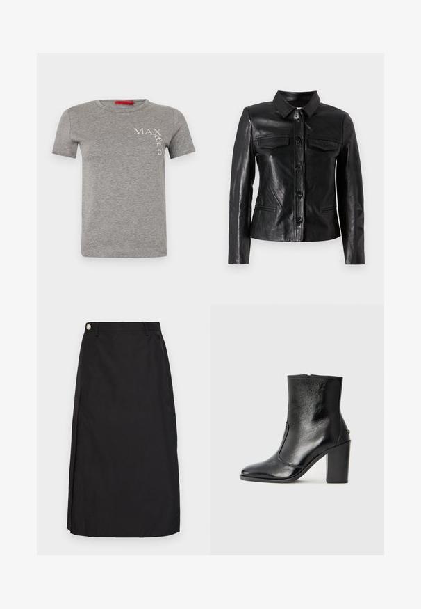 Melnas ādas jakas ar apkakli, priekšējo pogu aizdari, divām krūšu kabatām un sānu kabatām. Gluda tekstūra ar pieguļošu siluetu.; Pelēks kokvilnas T-krekls ar apaļu izgriezumu, īsām piedurknēm, uz kreisās puses ar baltu logo "MAX&Co." diagonālā fontā.; Melna ceļgaliem līdzīga kleita, izgatavota no gludas auduma, ar priekšējo iedaļu un metālisku pogu akcentu jostas vietā.; Melnas ādas potīšu zābaki ar gludu tekstūru, smailu purngalu un masīlu augstu papēdi. Iekļauts sānu atvērums un minimālistisks dizains.