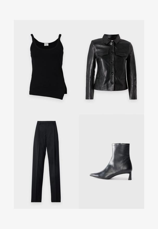 Černá kožená bunda s límcem, předním zapínáním na knoflíky, dvěma náprsními kapsami a bočními kapsami. Hladký povrch s dobře padnoucím střihem.; Černý žebrovaný top bez rukávů s tenkými ramínky, zakřiveným lemem a bočními rozparky. Tkanina vypadá hladce s mírným elastickým efektem. Značka viditelná na výstřihu.; Černé kalhoty vyrobené z hladké tkaniny, vybavené vysokým pasem, širokými nohavicemi, předními záhyby a klasickými poutky na opasek. Nejsou viditelné boční kapsy.; Černé kožené kotníkové boty s špičatou špičkou a elegantním designem. Mají nízký podpatek a zipové zapínání na zadní straně. Hladká textura.