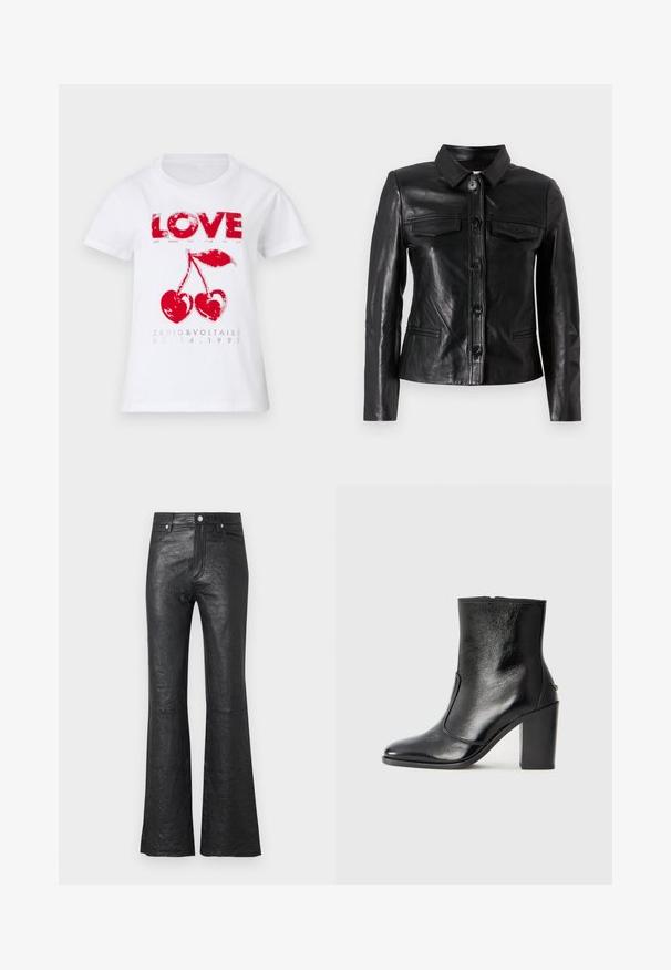 Mustmust nahkajope, millel on krae, esine nupuvääramine, kaks rinna taskut ja küljetaskud. Sile tekstuur ja vormistatud siluett.; Valge puuvillane t-särk, millel on punane graafika sõnaga "ARMASTUS" ja kirsipildid. Trükitud tekst sisaldab "Zadig & Voltaire" ja kuupäeva.; Mustad nahast lai pahkluudega püksid, millel on kortsus tekstuur, kõrge vöökoht, ees olevad taskud ning klassikaline nööpkinnitus koos luku läbitegemisega.; Must kõvale nahast pahklipsu saapad, millel on sile tekstuur, terav varvas ja paks kõrge kann. Omab külgavatust ja minimalistlikku disaini.