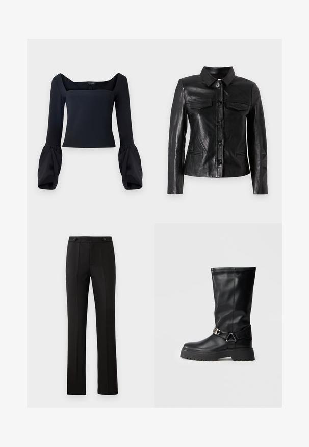 Mustat nahkatakki, jossa on kaulus, napitussuljenta edessä, kaksi rintataskua ja sivutaskut. Sileä pinta ja istuva siluetti.; Musta pitkähihaine paita, jossa on neliön muotoinen kaula-aukko, tilavat resorihihansuut ja istuva yläosa, joka on valmistettu sileästä kankaasta.; Mustat mittatilaustyönä tehdyt housut, joissa on suora lahje, kaksi etutaskua, nappisulku ja rypytyksellä varustettua yksityiskohtaa edessä. Sujuva materiaali.; Mustat polven korkeudelle ulottuvat saappaat, jotka on valmistettu sileästä nahasta. Niissä on sivulla soljella varustettu yksityiskohta ja paksu, teksturoitu pohja pitävyyden takaamiseksi.