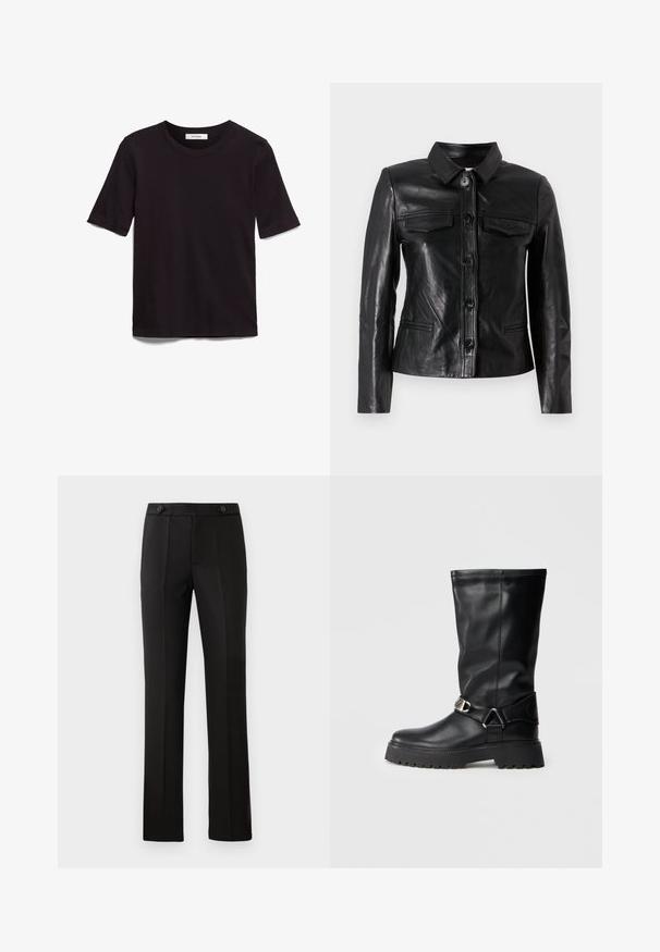 Mustmust nahkajope, millel on krae, esine nupuvääramine, kaks rinna taskut ja küljetaskud. Sile tekstuur ja vormistatud siluett.; Must ja lühikeste varrukatega T-särk, mis on valmistatud pehmest puuvillast. Särgil on ümmargune kaelus ja sile, ühtlane tekstuur koos minimaalsete disainielementidega.; Mustad kohandatud püksid sirge säärega, kahe esipocketiga, nup closure'iga ja volditud detailidega ees. Sile kangatekstuur.; Mustad kuni põlvedeni saapad, mis on valmistatud siledast nahast, külgedel on pealmise aktsendina pandla ning paksem, tekstuuriga talla osa, mis tagab haarde.
