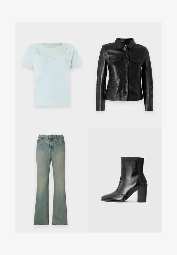 Czarna skórzana kurtka z kołnierzem, zapinana na guziki z przodu, posiadająca dwie kieszenie na piersi oraz kieszenie boczne. Gładka tekstura i dopasowany krój.; Jasnoniebieska bawełniana koszulka z krótkimi rękawami i okrągłym dekoltem, zdobiona skomplikowanym białym haftem na wysokości klatki piersiowej.; Jasnoniebieskie dżinsy w stylu dzwonów z wysokim stanem, pięcioma kieszeniami i zamkiem błyskawicznym. Czyste, wyblakłe wykończenie z subtelnymi detalami przeszyć.; Czarne skórzane botki za kostkę o gładkiej fakturze, spiczastym nosku i grubym wysokim obcasie. Posiadają boczne wycięcie i minimalistyczny design.