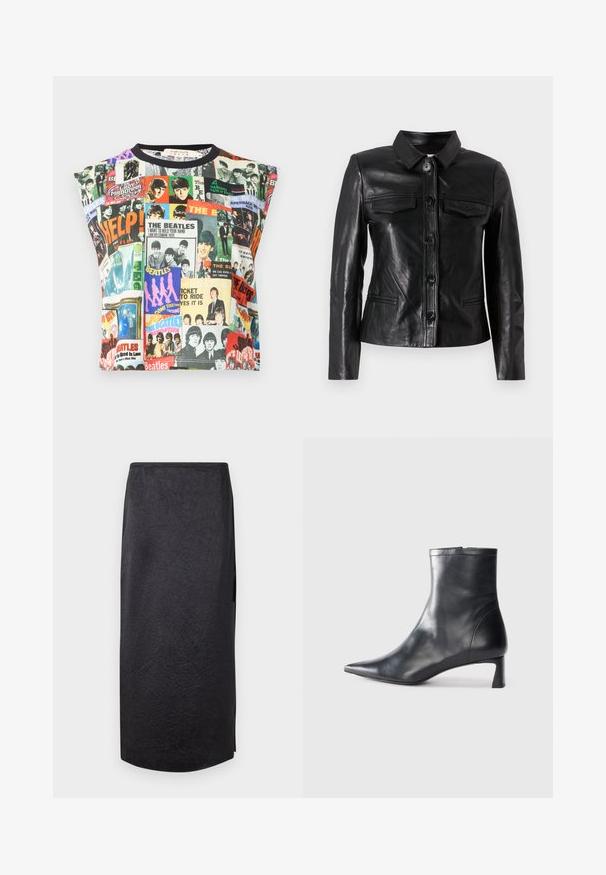 Melnas ādas jakas ar apkakli, priekšējo pogu aizdari, divām krūšu kabatām un sānu kabatām. Gluda tekstūra ar pieguļošu siluetu.; Alice + Olivia MICAH MUSCLE TANK - Tops - twist and shout; Melnā midi svārki ar krokotu tekstūru, taisnu griezumu un sānu izgriezumu. Materiāls izskatās viegls. Apakšmala ir nedaudz noapaļota.; Melnas ādas potītes zābaki ar norādītu pirkstu un elegantu dizainu. Iezīmē zemu papēdi un rāvējslēdzēja aizdari aizmugurē. Gluda tekstūra.