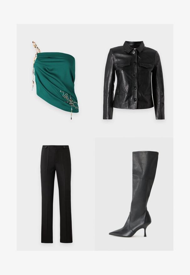 Mustmust nahkajope, millel on krae, esine nupuvääramine, kaks rinna taskut ja küljetaskud. Sile tekstuur ja vormistatud siluett.; Teal värviga rippuv top, millel on tekstureeritud kangas, reguleeritavad helmedega paelad ja kontrastsetes värvides brodeeritud detailid äärel.; Mustad kohandatud püksid sirge säärega, kahe esipocketiga, nup closure'iga ja volditud detailidega ees. Sile kangatekstuur.; Knee-high mustad nahksaapad terava nina ja kitsaste stiilsete kontsadega. Sile tekstuur sobiva disainiga ja õmblused ülemisel serval.