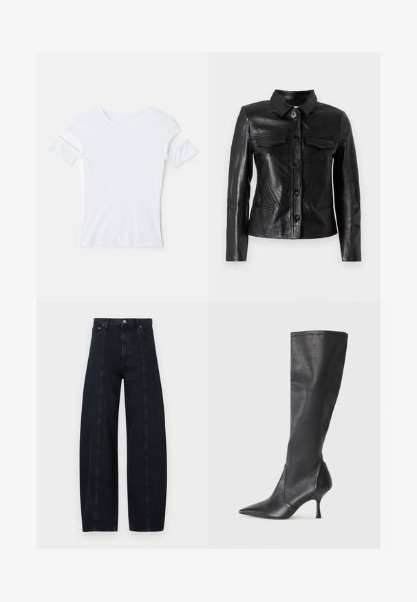 Czarna skórzana kurtka z kołnierzem, zapinana na guziki z przodu, posiadająca dwie kieszenie na piersi oraz kieszenie boczne. Gładka tekstura i dopasowany krój.; Biała bawełniana koszulka z okrągłym dekoltem, krótkimi rękawami z wyciętymi akcentami oraz dopasowanym krojem. Gładka tekstura, minimalistyczne detale.; Szerokie, ciemne dżinsy z wysokim stanem, z kontrastującymi szwami i klasycznym pięciopocketowym stylem. Gładka tekstura, brak widocznych wzorów.; Czarne skórzane botki do kolan z ostrym noskiem i wąskim obcasem w szpilkę. Gładka tekstura z dopasowanym krojem i przeszyciem na górnej krawędzi.