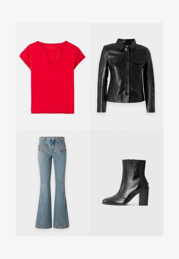 Fekete bőrkabát, gallérral, elülső gombos záródással, két mellyzsebbel és oldalsó zsebekkel. Simább textúrájú, testhezálló fazon.; Piros, rövid ujjú, puha pamut anyagból készült felső, V-nyakkivágással és gombdíszítéssel, laza szabású. Sima textúra, minimális varrás.; Fénykék flared farmernadrág, fonott derekú és steppelt zsebfedésekkel. Illeszkedő dereka és bő lába van.; Fekete bőr bokacipő sima textúrával, hegyes orral és vastag, magas sarkával. Oldalnyílással és minimalista dizájnnal rendelkezik.