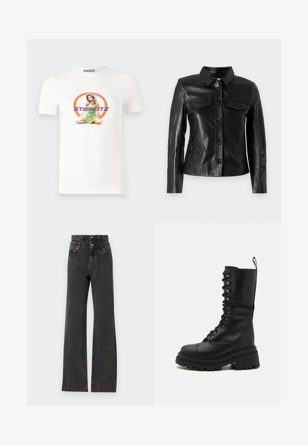 Mustmust nahkajope, millel on krae, esine nupuvääramine, kaks rinna taskut ja küljetaskud. Sile tekstuur ja vormistatud siluett.; Valge puuvillane T-särk, millel on graafiline trükk istuvale naisele rohelises kleidis, ümbritsetud oranžist ringist ja lillast tekstist.; Mustad kõrge vöökohtadega mustad teksad iseloomustavad sirge jala disain, tagasihoidlik kulumisjälgede detail, ning metallist nupud vöö kohal.; Mustad mustad nahast kingad, millel on paksu lukuga tald, kõrge varre ja tekstureeritud pind, metallist aasad ja tõmbeulatus.