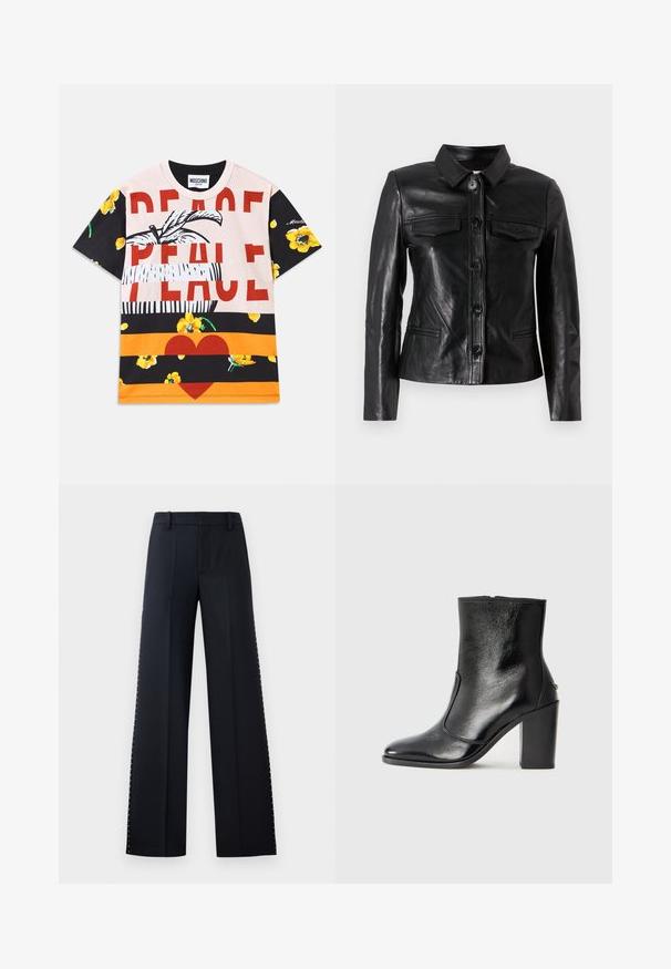 Melnas ādas jakas ar apkakli, priekšējo pogu aizdari, divām krūšu kabatām un sānu kabatām. Gluda tekstūra ar pieguļošu siluetu.; Kokvilnas T-krekls ar grafisku ziedu rakstu maisījumu, uz kura atrodas drosmīgs "MIERS" teksts sarkanā krāsā un svītrainas daļas melnā, oranžā un krēmkrāsā.; Melni plaša kāju bikses. Pielāgota piegriezuma ar gludu tekstūru. Malu šuvēs ir rinda metālisku punktu kā dekorācija.; Melnas ādas potīšu zābaki ar gludu tekstūru, smailu purngalu un masīlu augstu papēdi. Iekļauts sānu atvērums un minimālistisks dizains.