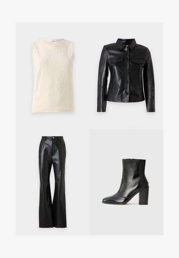 Czarna skórzana kurtka z kołnierzem, zapinana na guziki z przodu, posiadająca dwie kieszenie na piersi oraz kieszenie boczne. Gładka tekstura i dopasowany krój.; Beżowy top bez rękawów, wykonany z teksturowanej tkaniny w kwiatowy wzór. Posiada okrągły dekolt i odsłonięte szwy, co dodaje mu charakteru.; Czarne skórzane spodnie o rozszerzanym kroju z gładkim wykończeniem, z kieszeniami z przodu i kontrastowym przeszyciem. Posiadają zapięcie na guzik i usztywniony pas.; Czarne skórzane botki za kostkę o gładkiej fakturze, spiczastym nosku i grubym wysokim obcasie. Posiadają boczne wycięcie i minimalistyczny design.