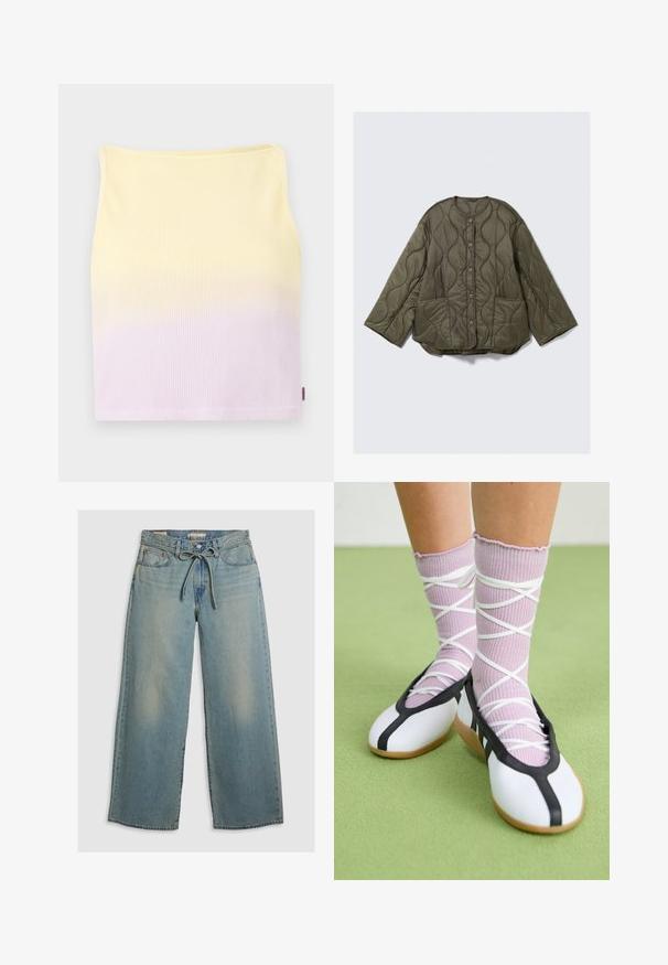 Olive green quilted jacket with wave-pattern stitching, round neckline, front buttons, long wide sleeves, and two front pockets.; Black hoodie made of cotton blend, featuring a front pocket, ribbed cuffs, and a red embroidered "carhartt" logo on the chest.; Ribbed knit crop top, features a gradient pattern from yellow to light purple, with a fitted shape and a rounded neckline.; Light blue wide-leg jeans made from denim, featuring a tie-belt closure and subtle fading. Includes two front pockets and a relaxed fit.; White flat shoes with a black trim and sole, paired with light purple ribbed socks featuring white crisscross straps. Set on a green background.