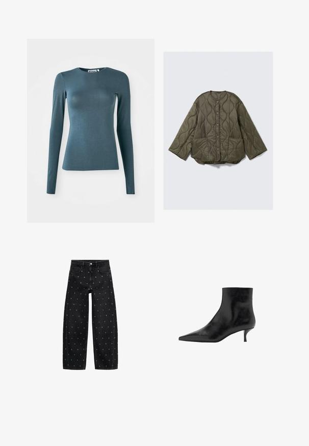 Maslinasto zelena pufasta jakna s valovitim šavom, okrugli izrez, prednji dugmadi, duge široke rukave i dva prednja džepa.; Dugi rukav prilagođeni majica u tamno tirkiznoj boji, izrađena od glatkog materijala. Ima okrugli izrez i ravni rub. Bez vidljivih ukrasa.; Crne traperice širih nogavica s uzorkom malih srebrnih grometa, klasičnog dizajna s pet džepova i zatvaranjem na kopčanje.; Crne kožne čizme do gležnja s uskim vrhom, vitkim petom i glatkom teksturom. Jednostavan dizajn, bez dekorativnih aksesoara.