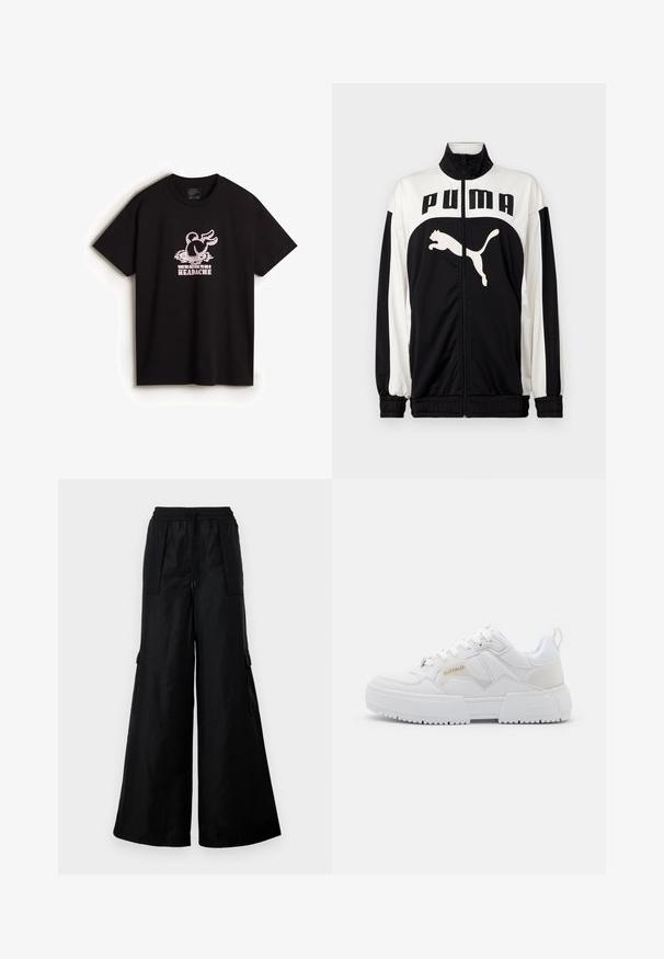 Czarna i biała kurtka rozpinana z wysokim kołnierzem, z logo "PUMA" oraz grafiką skaczącego kota z przodu. Wykonana z gładkiego, lekkiego materiału.; Vans - T-shirt z nadrukiem; Czarne szerokie spodnie cargo wykonane z gładkiego, lekkiego materiału. Posiadają elastyczny pas, sznurek do regulacji oraz boczne kieszenie.; Białe sneakersy o masywnej konstrukcji, wykonane z materiałów skórzanych i syntetycznych, z teksturowanymi detalami, sznurowadłami oraz wyraźnym logo w kolorze złotym.