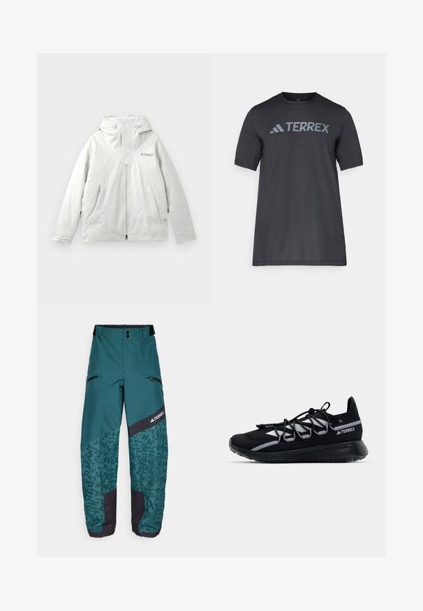 Light gray hooded outdoor jacket with front zipper, two angled front pockets, and "TERREX" logo on the chest.; Black short-sleeve t-shirt made of lightweight fabric, featuring a light gray “TERREX” logo across the chest and a crew neckline.; adidas Terrex PANTS - Ski pants - aurora ivy/preloved teal; Black athletic shoe with a mesh upper, reflective accents, elastic laces, and a textured rubber sole. Features a sleek design for performance.