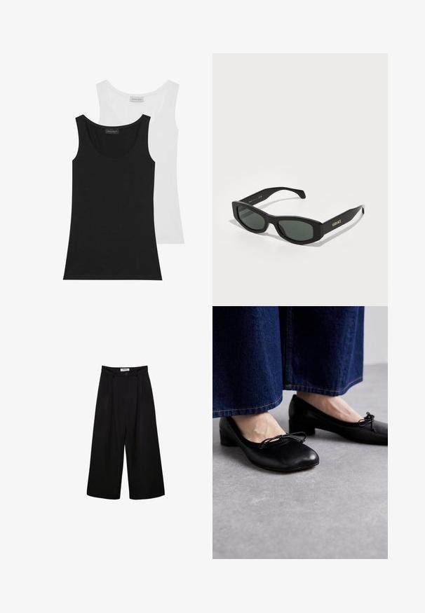 Faux fur jakke med cremet og brun kvægprint, med en sølv lynlås og sort krave, der fremhæver den bløde tekstur og varierende mønstre.; To par tanktoppe i sort og hvid. De er lavet af blød bomuld og har en rund halsudskæring samt ærmeløs design. Etiketterne er synlige bagpå.; Sorte brede bukser med høj talje, plisseret front og knaplukning. Lavet af glat stof med en skræddersyet design.; Sorte lædersko med firkantet tå og lille hæl, prydet med en dekorativ sløjfe foran. Båret med mørke denimbukser.; Sorte rektangulære solbriller med grønne linser, der har markante stel og guld "VERSACE" branding på stængerne.
