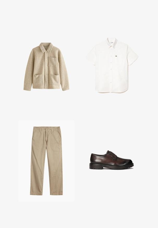 Beige wolmixjas met een spitse kraag, vijf knopen aan de voorkant, twee voorzakken en een borstzak. Zachte textuur en een relaxed pasvorm.; Korte mouwen witte katoenen shirt met een button-down kraag, voorzien van een borstzak en een klein groen krokodillogo aan de linkerkant.; Beige rechte pijpen chinos met riemlussen, voorkant met knoop en rits sluiting, en schuine voorzakken.; Bruine leren dresschoenen met een gladde afwerking, ronde neus en veterontwerp. Beschikt over een stevige zwarte rubberen zool met grip.