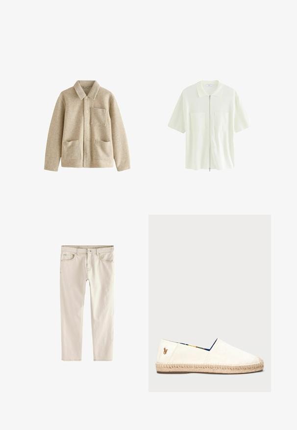 Béžová bunda z vlněné směsi s špičatým límcem, předním zapínáním na pět knoflíků, dvěma předními kapsami a jednou kapsou na hrudi. Měkká textura a uvolněný střih.; Krátký rukáv, bílá zipová košile z texturované látky, s límečkem a dvěma předními kapsami se čtvercovými klapkami.; Světlé béžové slim-fit džíny se rovnou nohavicí, pěti kapsami, zapínáním na knoflík a zip a zesíleným švem podél švů.; Plátěné espadrilky v krémové barvě s rope podešví. Disponují modrým vzorovaným podšívkou a malým vyšívaným logem na patě.