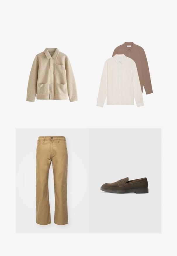 Bežinės vilnos mišinys švarkas su smailiu apykakle, penkiais mygtukais priekyje, dviem priekinėmis kišenėmis ir viena krūtine kišene. Minkšta tekstūra ir laisvas kirpimas.; Du duogubos rankovės marškiniai: vieni kreminiai, kiti rudi, abiejų mygtukų apykaklės, matoma audinio tekstūra, paprastas dizainas ir matomi etiketės.; Kaki spalvos medvilniniai kelnės. Tiesus kirpimas su juosmeniu ir priekinėmis kišenėmis. Yra viena užpakalinė kišenė ir subtilūs siuvimo detalės.; Rudos suede loaferiai su apvaliu nosiu, juostele per vampą ir plokščiu guminio pado. Paprastas dizainas su švariomis linijomis ir minimaliu detalizavimu.