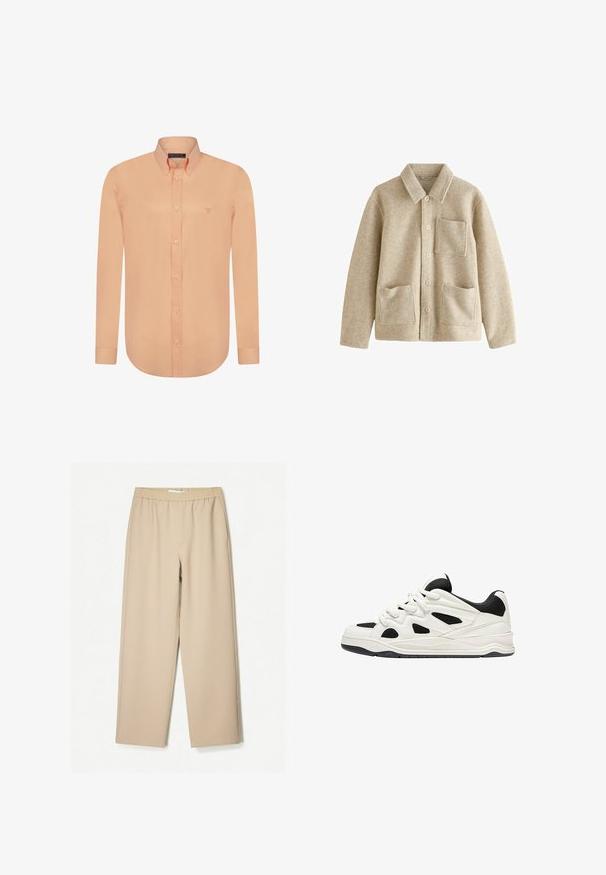 Beige uldblandingsjakke med spids krave, fem-knap front, to forlommer og en brystlomme. Blød tekstur og afslappet pasform.; Felix Hardy Skjorter - salmon; Beige vidde-bukser med elastisk talje, lavet af blødt stof og med en glat overflade og minimale syninger.; Hvide og sorte atletik sko med en tekstureret sål, der har udskårede designs på siderne og snørebånd, samt en polstret hæl for støtte.