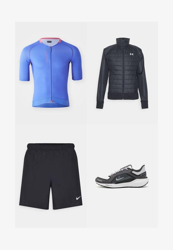 Under Armour LAUNCH INSULATED - Running jacket - black; Blue short-sleeve cycling jersey with a front zipper, textured fabric, and contrasting pink accents on the collar and zipper.; Black athletic shorts made of lightweight material with an elastic waistband. Features a small white Nike logo on the lower left side.; Black and gray athletic shoe with a mesh upper, reflective accents, and a white midsole. Features textured rubber outsole and laces.