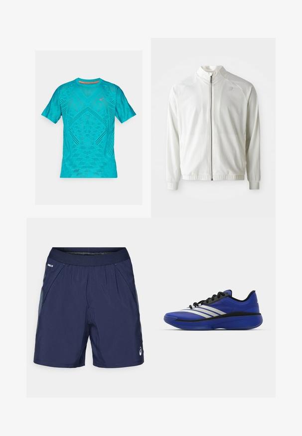 Bela športna jakna z zadrgo spredaj, visokim ovratnikom, elastičnimi manšetam in robom; ima subtilen logo na zgornjem levem prsnem delu.; Turkizna športna majica s kratkimi rokavi, ki ima teksturiran, zračen mrežast dizajn in odsevne detajle na prsih.; Morsko modri športni kratki hlače z elastičnim pasom, stranskimi žepi in svetlo sivo obrobo. Narejene so iz lahkega, gladkega materiala za udobje.; adidas Performance ADIZERO SELECT 3.0 - Košarkarski copati - lucid blue/core black/metallic