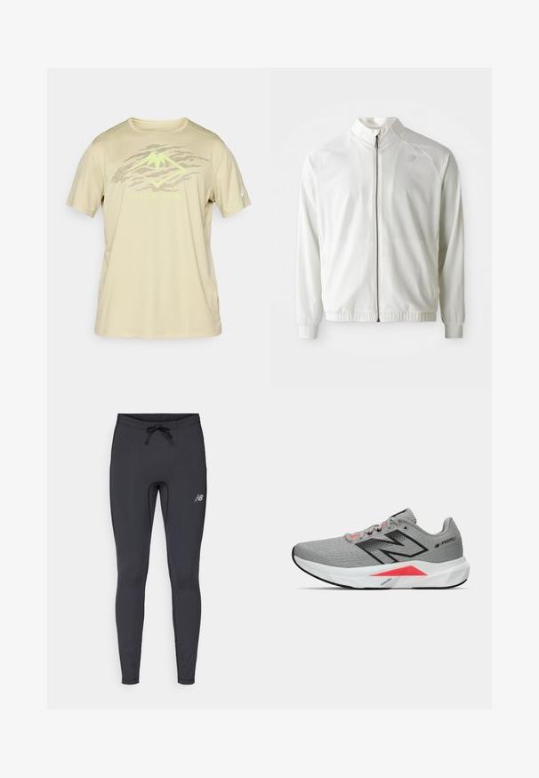 Vit träningsjacka med dragkedja fram, hög krage, elastiska ärmslut och nederkant; har en diskret logotyp på övre vänstra bröstet.; ASICS FUJITRAIL LOGO TOP - T-shirt till träning - khaki; Svarta sportleggins i elastisk tyg. Har en dragsko i midjan och en liten reflektionslogotyp på framsidan av höger lår.; Grå idrottssko med strukturerad mesh-överkropp, svarta accenter, rosa detaljer och en vit vadderad sula med en distinkt triangulär design.