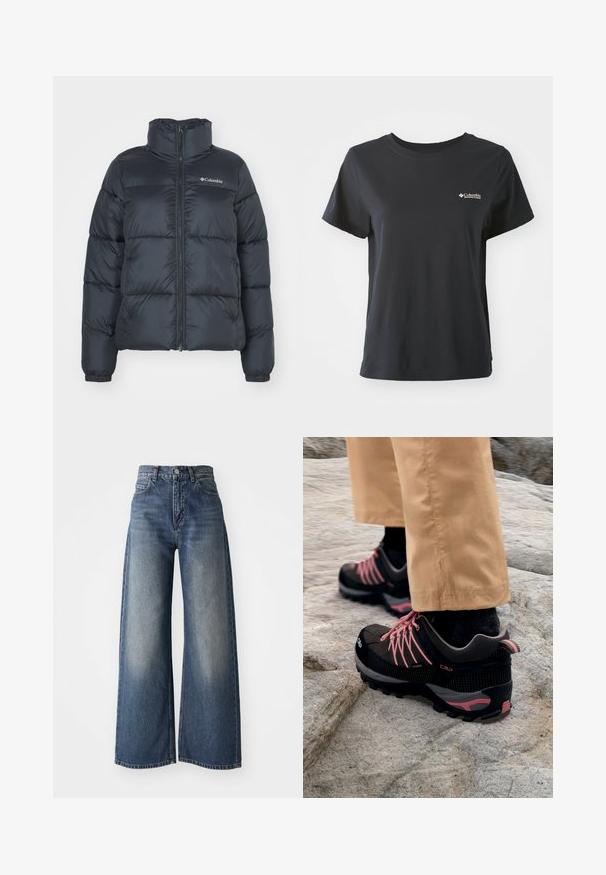 Giacca puffer nera con colletto alto, chiusura frontale con zip e polsini elasticizzati. Presenta sezioni trapuntate orizzontali e un logo sul petto.; T-shirt in cotone nero con maniche corte, scollatura rotonda e piccolo logo bianco della Columbia Sportswear sul lato sinistro del petto.; Jeans ampi a vita alta blu con bottone frontale e tasche, texture sbiadita sulle cosce e orlo dritto.; Scarpe da trekking nere e grigie con accenti rosa, caratterizzate da una tomaia testurizzata, punta rinforzata e suola con grip robusto, posizionate su un terreno roccioso.