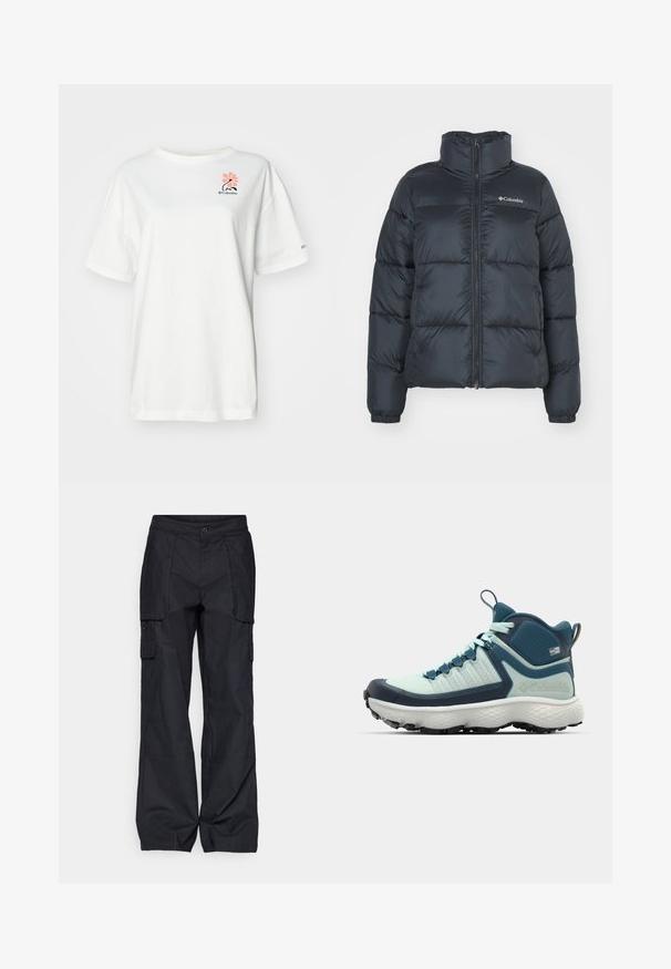 Juoda pūkuota striukė su aukštu apykakle, užtrauktuku priekyje ir elastingomis rankovėmis. Pasižymi horizontaliai siuvinėtomis dalimis ir logotipu ant krūtinės.; Balta trumpa rankovėmis marškinėliai, pagaminti iš medvilnės, su rožiniu gėlių raštu ir mažuoju juodu logotipu kairėje krūtinės pusėje.; Columbia BREA FALLS™ COTTON RIPSTOP PANT - Lauko kelnės - black; Vyrų žygio batai šviesiai melsvos ir tamsiai mėlynos spalvų. Yra tekstūruotas viršus, formuotas gumos pirštų dangtelis ir agresyvi išorinė dalis geresniam sukibimui.