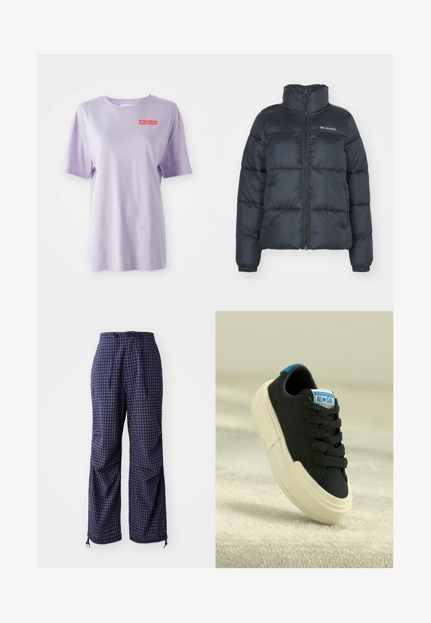 Must puffer jope kõrge krae, lukuga esikinnitus ja elastsed mansetid. Omab horisontaalset tikkimist ja logo rinnal.; Lilla lühikeste varrukatega T-särk, mis on valmistatud puuvillast, ümmarguse kaelusega ning esiküljel punane Columbia logo. Ühtlane tekstuur, mugav lõige.; Tumed ruudulised püksid, lõdva istumisega, nööriga vöökoht, elastsed kummipaelad ja kerge kangast tekstuur. Uudseks on väiksed sõlmekaunistused.; Must lahted tossud valge kummist tallaga, ümar varvas, mustad paelad ning sinise ja valge keele silt, kus on kirjas "Converse All-Star."