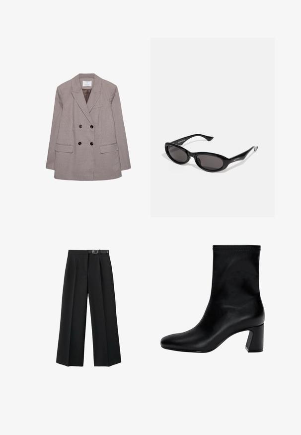 Tvåknäppt kavaj i ett brunt och krämfärgat rutmönster, med stora svarta knappar och slag. Två framfickor ingår.; Beige huvtröja med framficka och dragsnören, med liten vit kursiv text på vänster bröst.; Vit T-shirt med kort ärm i bomull, med rund hals och en avslappnad passform, utan synliga mönster eller grafik.; Svarta vida byxor i vävt tyg, med bälte i midjan, veck och en jämn textur.; Svart ankelsko i slät läder. Har en fyrkantig tå, elastisk överdel och en kraftig klack för stabilitet. Minimalistisk design.; Svarta ovala solglasögon med mörka linser. Ramen är slank, något glänsande plast med vinklade spetsar och diskret märkning på nötterna.