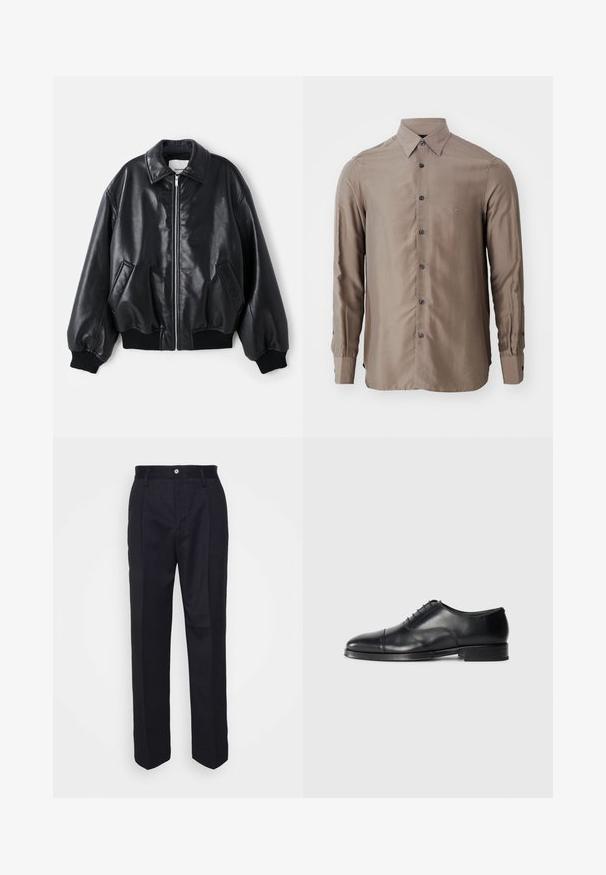 Musta mokkanahka-bomber-takki, jossa on vetoketjullinen etuosa, suuri kaulus, sivutaskut sekä resorihihansuut ja -helma. Suora, kiiltävä pinta.; Pitkähihaisessa paidassa on taupe-väri, se on valmistettu sileästä kankaasta ja siinä on napitettava etuosa tummilla napeilla. Rinnassa on pieni logo.; Mustat räätälöidyt housut, joissa on suora lahjesuunnittelu, valmistettu sileästä kankaasta, etunapilla ja kahdella sivutaskulla.; Musta nahkakenkä pyöreällä kärjellä, sileällä pinnalla, nauhalla suljettuna, ja hienovaraisella sauman yksityiskohdalla, jossa on matala, tasapohjainen korko.