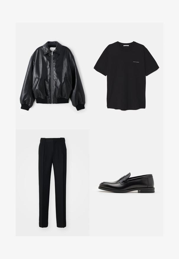Must kellane bomber-jakk, millel on lukuga esitasku, suur krae, küljetaskud ning soonikkoes mansetid ja alläär. Sile ja läikiv tekstuur.; Must musta T-särk, ümar kaelus, lühikesed varrukad ja valge logo trükk vasakul rinnal. Lihtne, ühtlane värvitoon.; Filippa K RELAXED PLEATED - Püksid - black; Mustad mustad nahast loafers sileda tekstuuriga, ümarat ninaosa ja dekoratiivne riba vampi üle. Madal kihiline konts, minimalistlik disain.